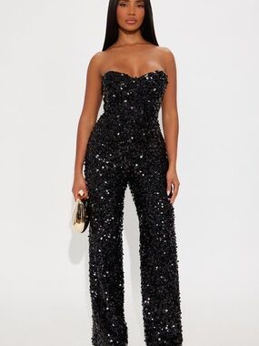 PrettyLittleThing Black Strapless Sequin Jumpsuit